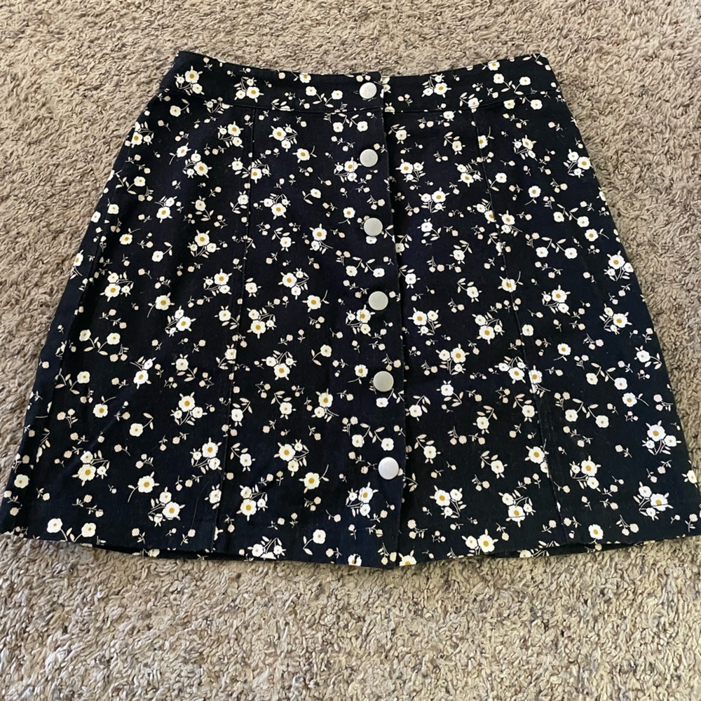 Black Floral Button Skirt